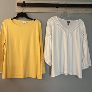 Chico's Lot Of 2 White/ Yellow Cotton Tops Women's Sz XL (3) Eyelet Trim Casual